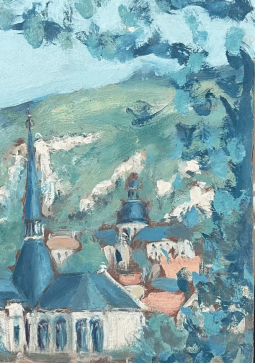 Blue Church In Bright Blue Sea Rivera French Landscape Oil Painting - Image 6