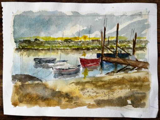 Walberswick Tidal Creek with Moored Dinghies Suffolk Watercolor by Tony Herbert - Image 2