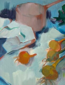 Original Oil Painting of Rustic Kitchen Scene with Copper Pot and Onions