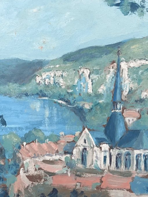 Blue Church In Bright Blue Sea Rivera French Landscape Oil Painting - Image 7