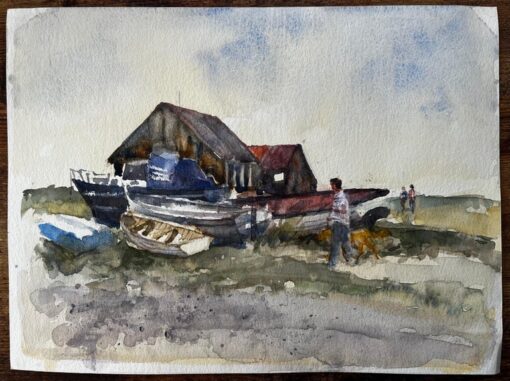 Old Boat Yard with Figures and Dog on Suffolk Coast Watercolor by Tony Herbert - Image 2