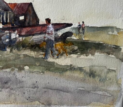 Old Boat Yard with Figures and Dog on Suffolk Coast Watercolor by Tony Herbert - Image 3