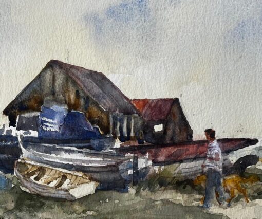 Old Boat Yard with Figures and Dog on Suffolk Coast Watercolor by Tony Herbert - Image 5