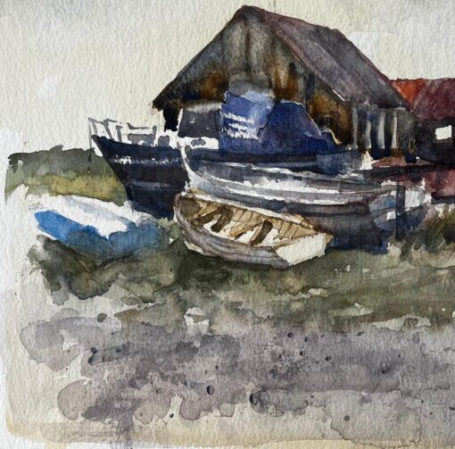 Old Boat Yard with Figures and Dog on Suffolk Coast Watercolor by Tony Herbert - Image 6