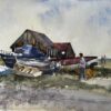 Old Boat Yard with Figures and Dog on Suffolk Coast Watercolor by Tony Herbert