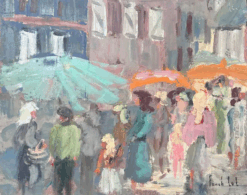 Figures At The Summer's Day French Parasol Market Landscape Oil Painting