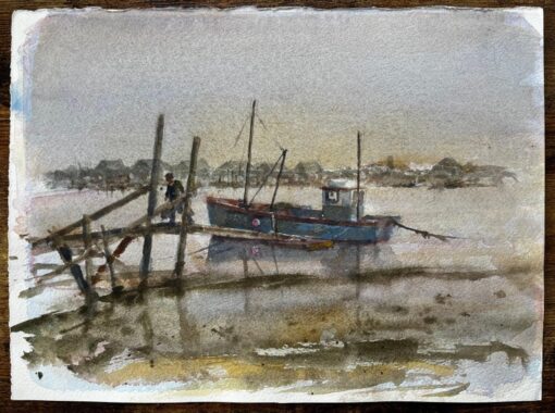 Misty Estuary with Blue Fishing Boat and Figure and Wooden Jetty by Tony Herbert - Image 2