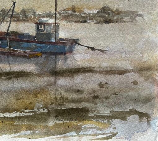 Misty Estuary with Blue Fishing Boat and Figure and Wooden Jetty by Tony Herbert - Image 3