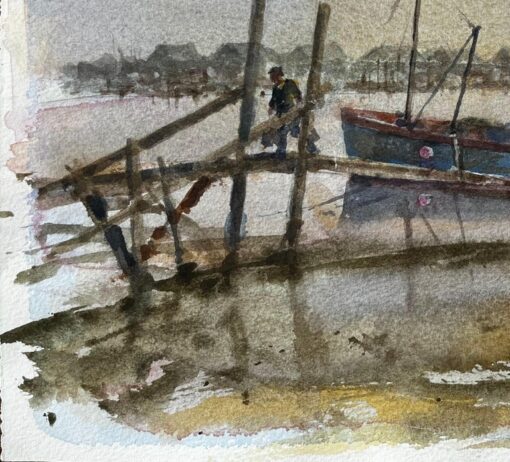 Misty Estuary with Blue Fishing Boat and Figure and Wooden Jetty by Tony Herbert - Image 5