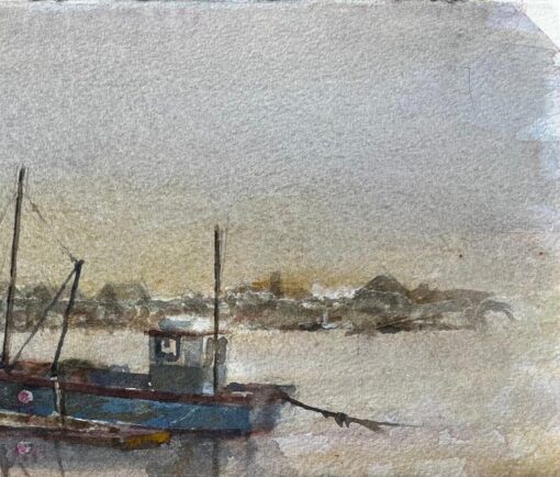 Misty Estuary with Blue Fishing Boat and Figure and Wooden Jetty by Tony Herbert - Image 6