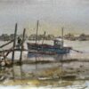 Misty Estuary with Blue Fishing Boat and Figure and Wooden Jetty by Tony Herbert