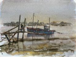 Misty Estuary with Blue Fishing Boat and Figure and Wooden Jetty by Tony Herbert