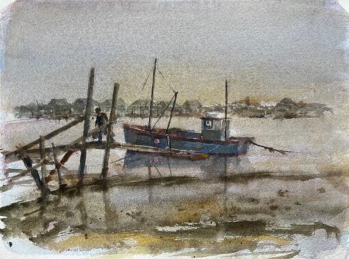 Misty Estuary with Blue Fishing Boat and Figure and Wooden Jetty by Tony Herbert