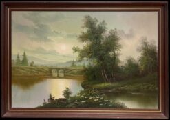 Large 20th Century British Signed Oil Atmospheric Misty Lake Landscape & Bridge