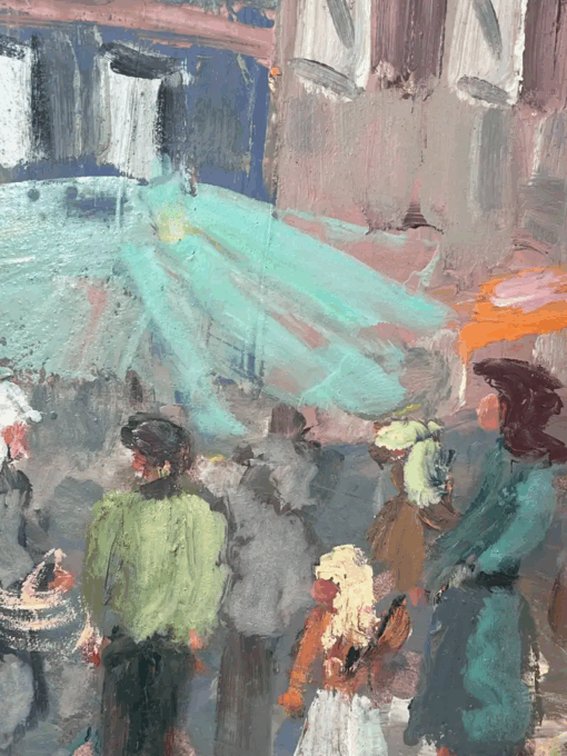 Figures At The Summer's Day French Parasol Market Landscape Oil Painting - Image 4