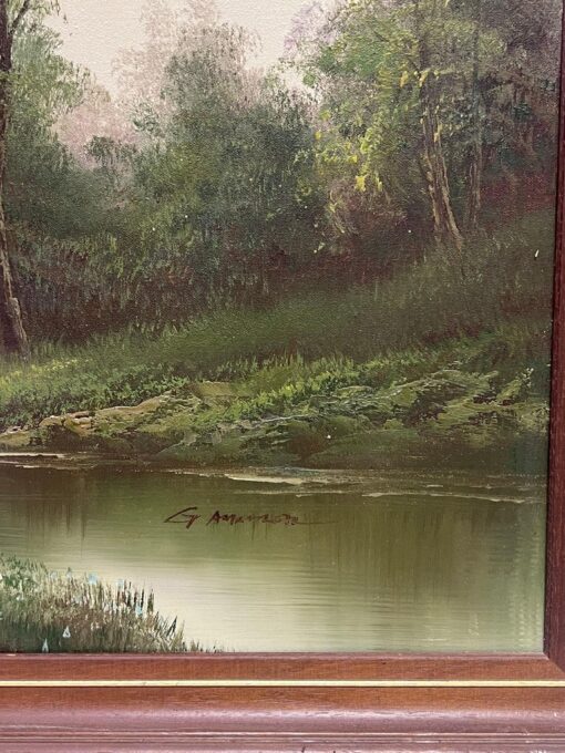 Large 20th Century British Signed Oil Atmospheric Misty Lake Landscape & Bridge - Image 3