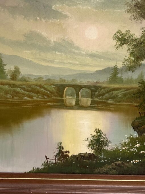 Large 20th Century British Signed Oil Atmospheric Misty Lake Landscape & Bridge - Image 4