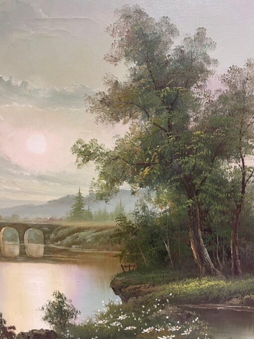 Large 20th Century British Signed Oil Atmospheric Misty Lake Landscape & Bridge - Image 8