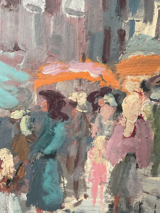 Figures At The Summer's Day French Parasol Market Landscape Oil Painting - Image 5