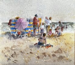 British Seaside Family Beach Scene with Windbreak and Umbrella by Tony Herbert