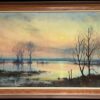 Large 1970's British Signed Oil Painting Atmospheric Flooded Fields Sunset