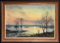 Large 1970's British Signed Oil Painting Atmospheric Flooded Fields Sunset