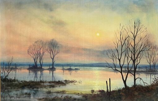 Large 1970's British Signed Oil Painting Atmospheric Flooded Fields Sunset - Image 4