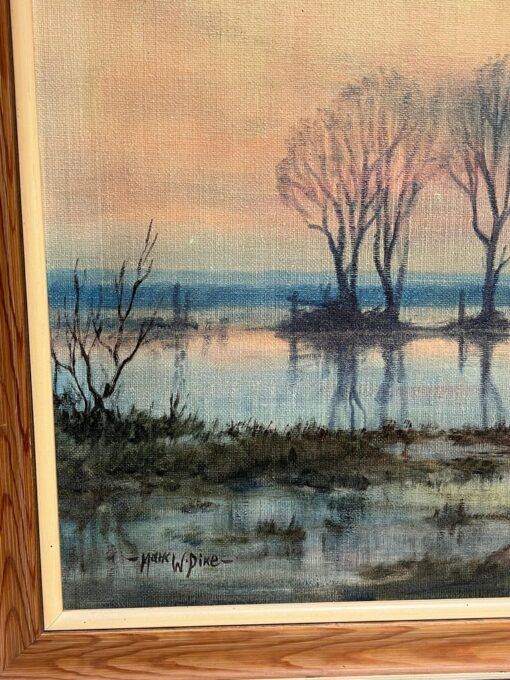 Large 1970's British Signed Oil Painting Atmospheric Flooded Fields Sunset - Image 6