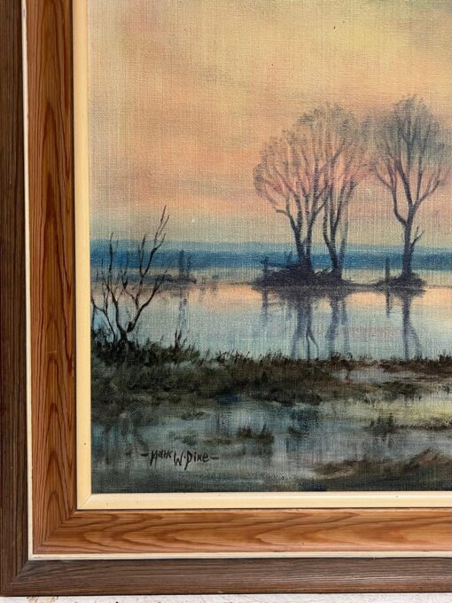 Large 1970's British Signed Oil Painting Atmospheric Flooded Fields Sunset - Image 7