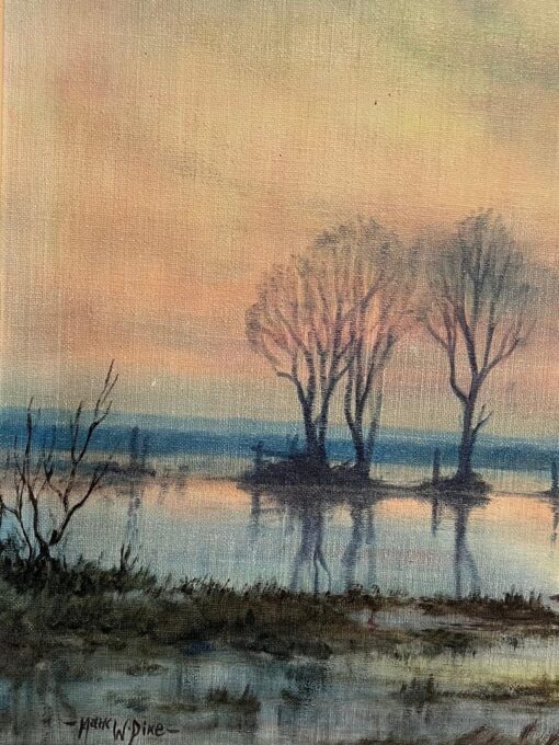 Large 1970's British Signed Oil Painting Atmospheric Flooded Fields Sunset - Image 8