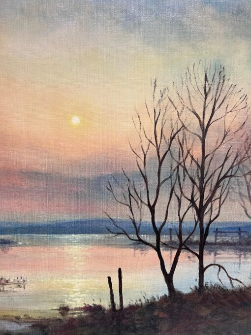 Large 1970's British Signed Oil Painting Atmospheric Flooded Fields Sunset - Image 9