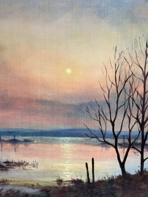 Large 1970's British Signed Oil Painting Atmospheric Flooded Fields Sunset - Image 11