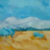 Original Oil Painting of Golden Fields with Distant Mountains and Blue Sky