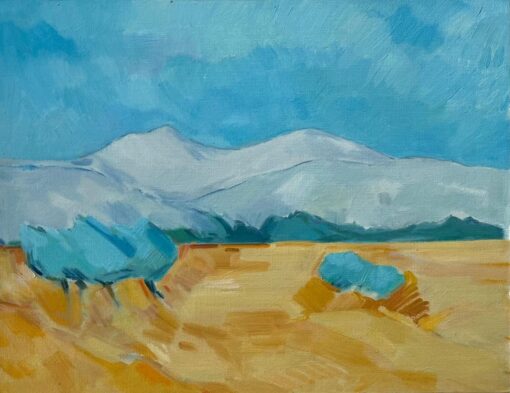 Original Oil Painting of Golden Fields with Distant Mountains and Blue Sky