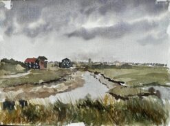 Walberswick Marshes and Black Sheds Suffolk Landscape Watercolor 1995