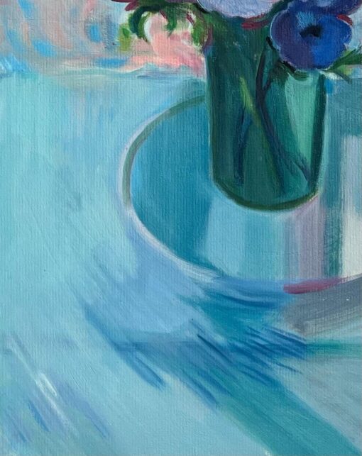 Original Oil Painting of a Bouquet of Anemones in Full Bloom on a Glass Table - Image 3