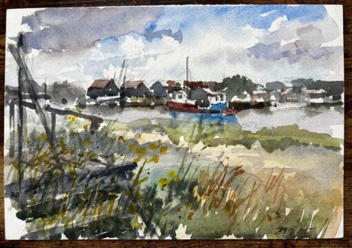 Walberswick Riverbank with Moored Red and Blue Boat Suffolk Coastal Watercolor - Image 2