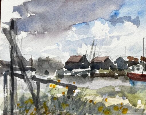 Walberswick Riverbank with Moored Red and Blue Boat Suffolk Coastal Watercolor - Image 3