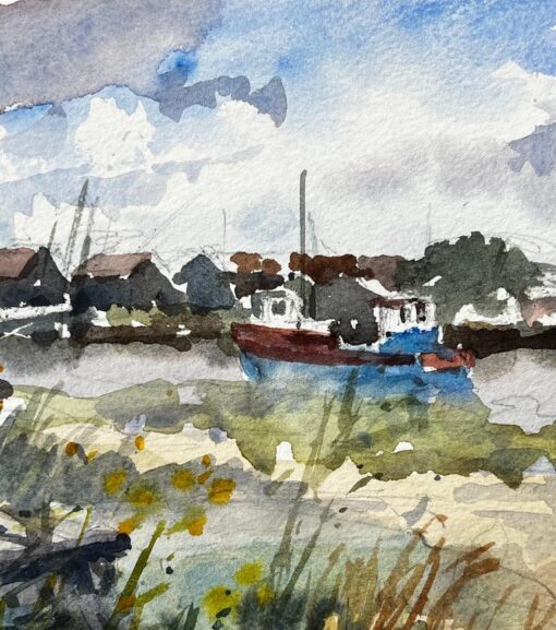 Walberswick Riverbank with Moored Red and Blue Boat Suffolk Coastal Watercolor - Image 4