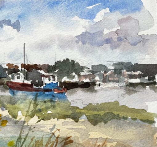 Walberswick Riverbank with Moored Red and Blue Boat Suffolk Coastal Watercolor - Image 5