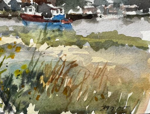 Walberswick Riverbank with Moored Red and Blue Boat Suffolk Coastal Watercolor - Image 6
