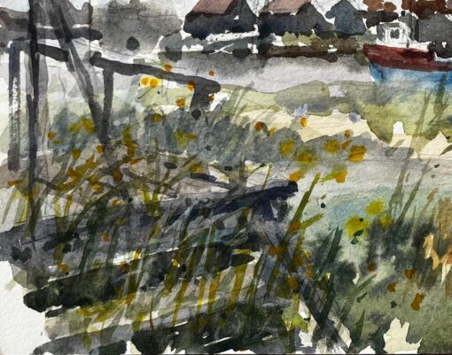 Walberswick Riverbank with Moored Red and Blue Boat Suffolk Coastal Watercolor - Image 7