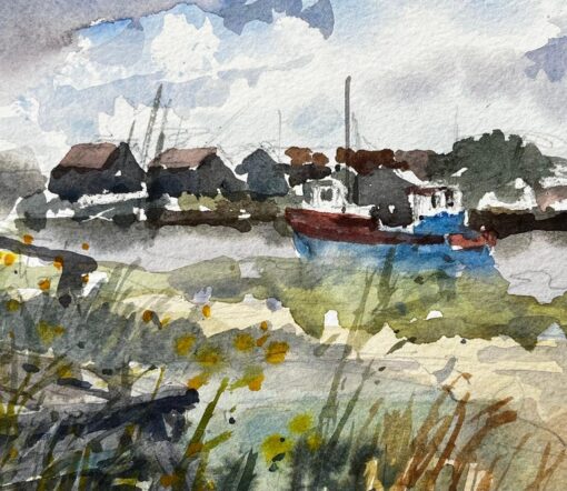 Walberswick Riverbank with Moored Red and Blue Boat Suffolk Coastal Watercolor - Image 8