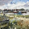 Walberswick Riverbank with Moored Red and Blue Boat Suffolk Coastal Watercolor