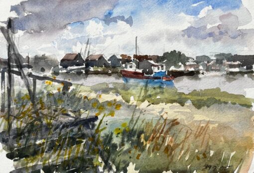 Walberswick Riverbank with Moored Red and Blue Boat Suffolk Coastal Watercolor
