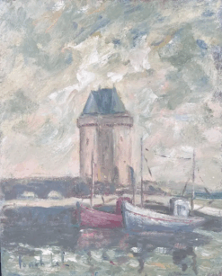 Boats Docked Under The Lighthouse Harbour French Landscape Oil Painting