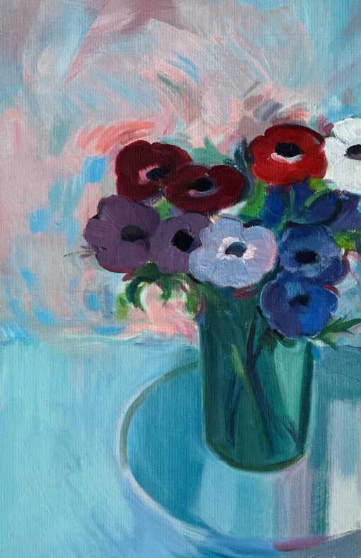Original Oil Painting of a Bouquet of Anemones in Full Bloom on a Glass Table - Image 5