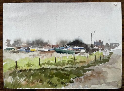 Boat Yard with Green Dinghy and Barn Suffolk Coastal Scene April 1994 - Image 2