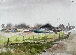 Boat Yard with Green Dinghy and Barn Suffolk Coastal Scene April 1994