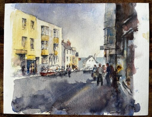 Busy High Street Scene with Figures Cars and Yellow Townhouses Watercolour - Image 2